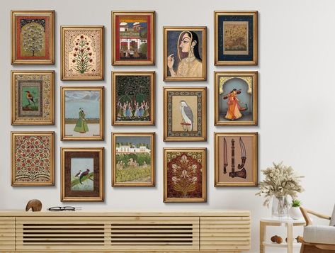 Indian Wall Art Decor, Indian Gallery Wall, Indian Themed Bedroom, Indian Art Gallery Wall, Indian Inspired Decor Living Rooms, Indian Interior Design Living Rooms, Indian Decor Living Room, Indian Vintage Home Decor, Indian House Decor