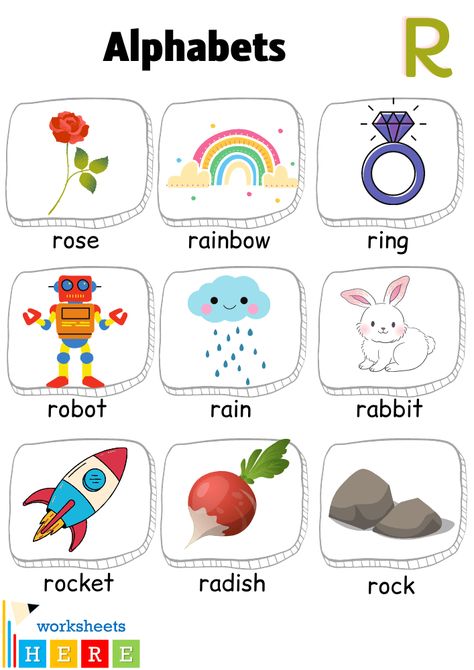 Alphabet R Words with Pictures, Letter R Vocabulary with Pictures - WorksheetsHere.com Letter R Words, Alphabet R, Picture Table, Words List, R Words, Picture Letters, Alphabet Preschool, Letter R, Word List
