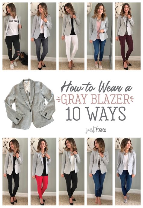 How to wear and style 1 gray blazer 10 different ways! This knit blazer is perfect to dress up or down! It is a great piece for a casual look or work look. And, the best part is that it is super comfortable! This is a perfect item for a capsule wardrobe! Business Casual With Blazer For Women, Dress Down A Blazer Women, Women's Gray Blazer Outfit, How To Wear Jackets Women, Gray Blazer Casual Outfit, Gray Blazer Jeans Outfit Women, Womens Casual Blazer Outfit, Jeans And Blazers Women Work Outfits, How To Dress Down A Blazer