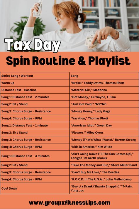 Tax Day Spinning Workout Routine and Playlist | GroupXFitnessTips.com Indoor Cycle Workout, Cycle Routines, Indoor Cycling Playlist, Spin Cycle Workout, Indoor Cycle Routines, Spin Class Routine, Spin Class Workout, Cycle Workout, Spin Playlist