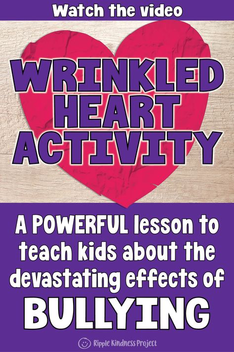 Watch the video demonstration and print the lesson for the crumpled heart activity. Teachers can see how to deliver this powerful bullying activity that is a must for classroom management. Students will learn how devastating the effects of unkind words and actions can be and how difficult it is to repair a broken heart. A friendship activity every student needs to participate in. #wrinkledheart #crumpledpaper #bullyingactivity #classroommanagement #friendshipactivity #bullying #kndness Unkind Words Lesson, A Wrinkled Heart Activity, Crinkled Heart Activity, Anti Bully Activities For Kindergarten, Wrinkled Heart Lesson, Crumpled Heart Activity, Be A Buddy Not A Bully Activities, Anti Bully Activities, Bully Prevention Activities