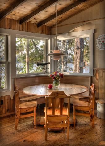 breakfast nook idea Log Cabin Breakfast Nook, Log Cabin Wainscoting Ideas, Small Cabin Dining Room, Log Cabin Dining Room Ideas, Wooden Cabin Kitchen, Rustic Breakfast Nook, Cabin Dining Table, Cabin Ceiling, Cabin Dining Room