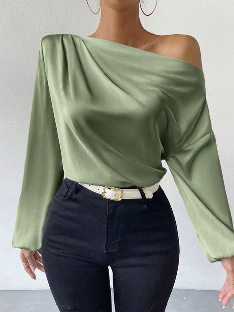 Army Green Elegant Collar Long Sleeve Satin Plain Top Embellished Non-Stretch  Women Clothing Business Casual Minimalist, Batwing Sleeve Top, Preppy Prom, Black Streetwear, Blouse Elegant, Satin Bluse, Lantern Sleeve Top, Business Formal Dress, Formal Dresses Gowns