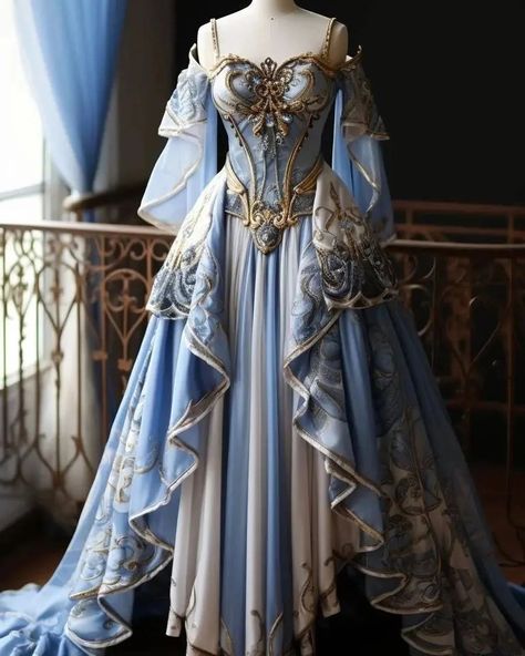 Beautiful royal dress for princesses Credits: fashion.universe Princess Dress Elegant, Royal Dresses Fantasy Medieval Gown, Fantasy Outfits Princess, Blue Noble Dress, Medieval Princess Dress Blue, Fantasy Gown Blue, Fanticy Dresses, Royal Corset Dress, Beautiful Medieval Dresses