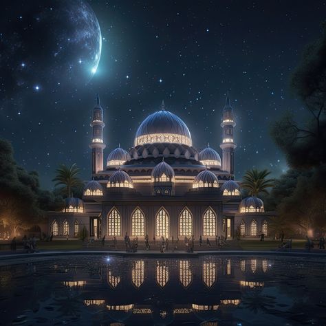 3d ultra-realistic mosque render night mode with stars Mosque Architecture, Stars In Sky, Mosque Night, Night High, Night Mode, Background Powerpoint, Mesmerizing Beauty, Sparkling Stars, Red Art