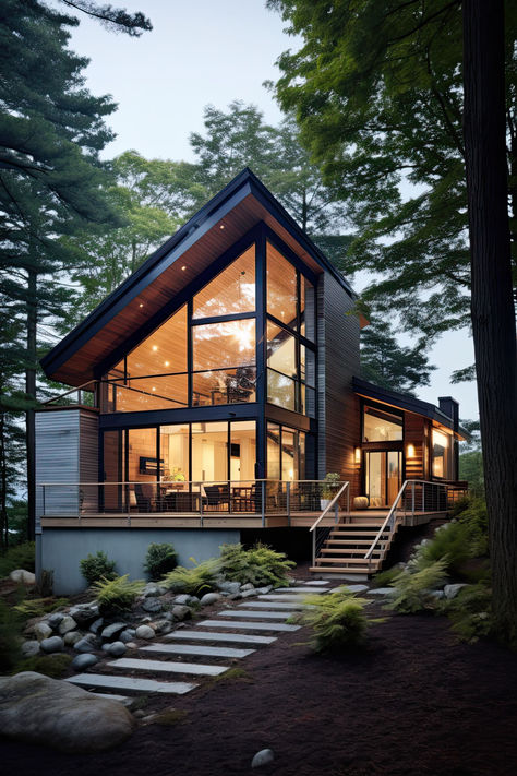 #modern, #moderncottage, #moderncottagehouse, #cottagedsedign Modern Mountain Cabins, Forest Home Interior Design, Modern Camp House, Airbnb Mountain Cabin, Cabin Design Exterior, Chalet Exterior Design, Forest Cabin Modern, Wood Cabin Design, Mountain Modern Home Exterior