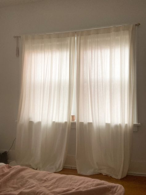 Soft Curtains Bedroom, Soft Interior Aesthetic, Curtains Bedroom Beige, White Curtains Living Room Aesthetic, Natural Light Aesthetic Room, Light Bedroom Curtains, Curtains Inspo Bedroom, Curtain Inspo For Bedroom, Sheer White Curtains Bedroom Aesthetic