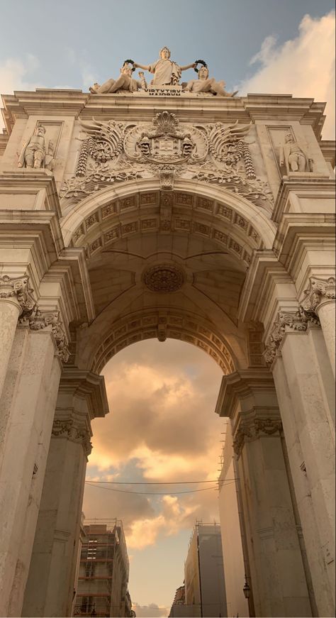 Lisbon, Commerce Square, Portugal, Europe, city, gate, arch, architecture, sunset, beautiful, travel, amazing Beautiful Architecture Aesthetic, Pretty Architecture Aesthetic, Angelic Architecture, Classism Architecture, Heavenly Aesthetic, Jj Core, Ancient Buildings Architecture, Architecture Victorian, Buildings Aesthetic