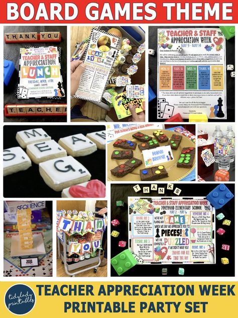 Teacher appreciation week is a perfect time to celebrate the hard work that teachers put into their jobs. Show them that you are not playing any games when you say you appreciate them to pieces and would be completely puzzled without them. This board game theme printable party pack comes equipped with everything you need to host a fun filled board game-themed teacher appreciation week!          Appreciate your teachers to pieces with the following customizable items: Board game theme pri Board Game Staff Appreciation, Teacher Appreciation Week Game Theme, Appreciation Theme Party Ideas, Teacher Appreciation Week For Staff, Staff Appreciation Week Theme Ideas, Game Themed Teacher Appreciation Week, Book Themed Teacher Appreciation Week, Game Theme Teacher Appreciation, Get In The Game School Theme