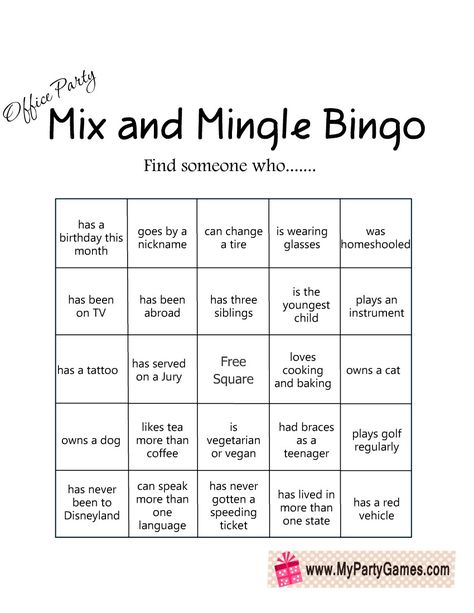 Free Printable Office Party Mix and Mingle Bingo Mix And Mingle Party Ideas, Free Printable Games For Adults, Mingle Bingo, Kid Holiday Games, Housewarming Party Games, Free Printable Party Invitations, Anniversary Party Games, Free Bingo Cards, Graduation Games