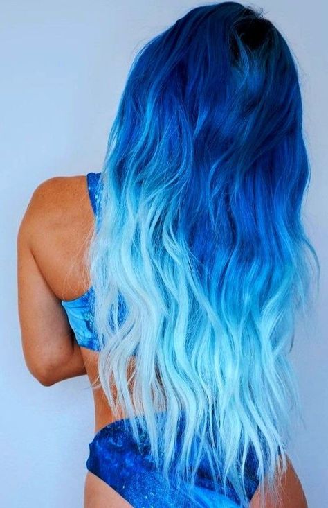 Short Hair Different Colors, Crazy Hair Colour Ideas, Blue Blonde Ombre Hair, Blue Flame Hair Color, Dark Blue With Light Blue Highlights, Dyed Hair Purple And Blue, Colorful Hair For Blondes, Dark Blue To Light Blue Hair Ombre, Vivid Blue Hair