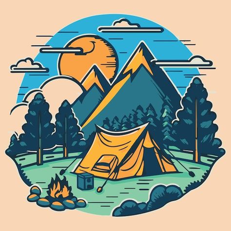 Tent Illustration Camping, Camping Vector Illustration, Camping Drawing Ideas, Camping Drawing Illustrations, Campsite Illustration, Camping Artwork, Scout Illustration, Camp Drawing, Camping Background