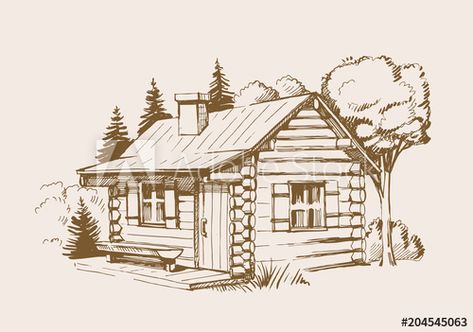 Stock Image: vector wooden house Cottage In The Forest, Tre Kunst, Landscape Pencil Drawings, Forest Drawing, Architecture Drawing Sketchbooks, Nature Art Drawings, Mountain Drawing, Cabin Art, Hand Drawn Vector Illustrations