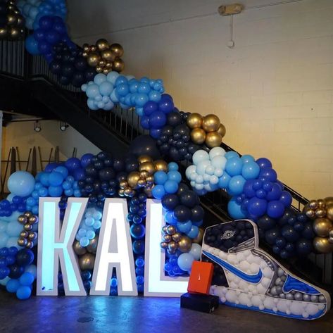 30+ Super Fun Sneaker Ball Party Ideas (December, 2022) Sneaker Ball Party Ideas, Sneaker Ball Party, Baseball Balloons, Ball Theme Party, Port Arthur Texas, Mosaic Letters, Balloons Blue, Sneaker Ball, Balloons Decor