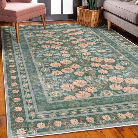 Charlton Home® Charlton Home® Folk Art Decorative Rug, Bohemian Themed Peachy Ethnic Flowers And Traditional Botanical Details, Quality Carpet For Bedroom Dorm And Living Room, 5' 1" X 7' 5", Forest Green Peach | Wayfair Patterned Bedroom Rug, Pretty Area Rug, Cottage Core Bedroom Rugs, Sage Green Bedroom Rug, Bright Area Rugs In Living Room, Forest Floor Rug, Patterned Rug Bedroom, Dark Green Rug Bedroom, Green Pink Rug