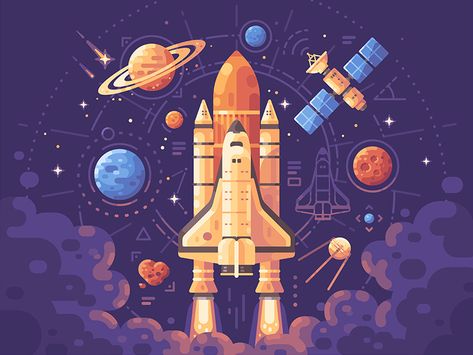 Space exploration designed by Ivan Dubovik. Connect with them on Dribbble; the global community for designers and creative professionals. Architecture Cartoon, Icon Minimal, Layout Photography, Wallpaper Artwork, Dark Purple Background, Food Icon, Flat Design Illustration, Space Illustration, Vintage Ideas