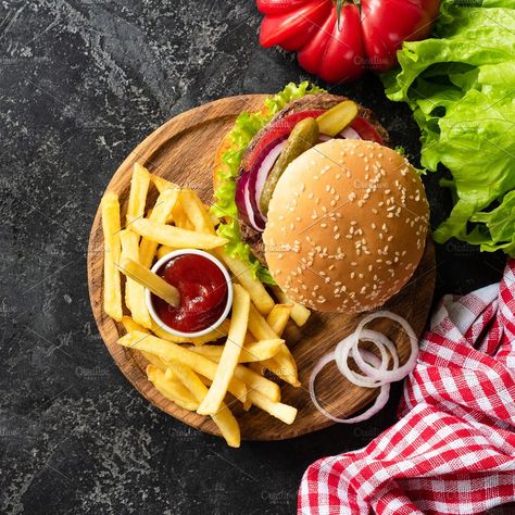 Tasty homemade beef burger and fries by The baking man on @creativemarket Essen, Burger Photography Ideas, Foto Burger, Fries Pickles, Fries And Ketchup, Homemade Burger Patties, Homemade Beef Burgers, Resep Burger, Tasty Burger