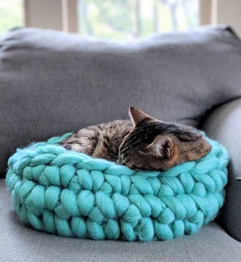 14 Free Crochet Cat Bed Patterns - Its Overflowing Crocheted Dog Bed Free Pattern, Jumbo Yarn Patterns, Crochet Pet Bed Free Pattern, Yarn Cat Bed, Yarn Cat, Cat Bed Pattern, Jumbo Crochet, Blankets Diy, Katt Grejer