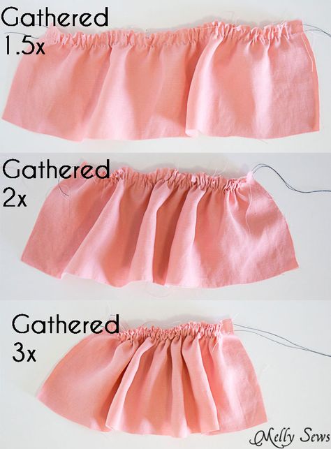 Ruffle Gathering Ratios - How to Add a Ruffle to a Garment - DIY Sewing Tutorial by Melly Sews How To Make A Ruffled Skirt, Ruffle Tutorial Sewing, How To Add A Ruffle Hem, Sewing Ruffle Sleeves, How To Add Ruffles To A Dress, Sewing Ruffles Easy, How To Sew Frills, How To Ruffle Fabric, Add Ruffles To Shirt Diy