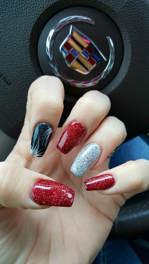 Red Black Silver Coffin Nails great for Christmas or Vegas!! Gray And Red Nails Ideas, Christmas Nail Designs Red And Silver, Red Sparkle Nail Designs, Black With Red Glitter Nails, Red Nails Silver Glitter, Red Silver Black Nails, Red Black And Silver Nails Design, Red Vegas Nails, Prom Nails Black And Red