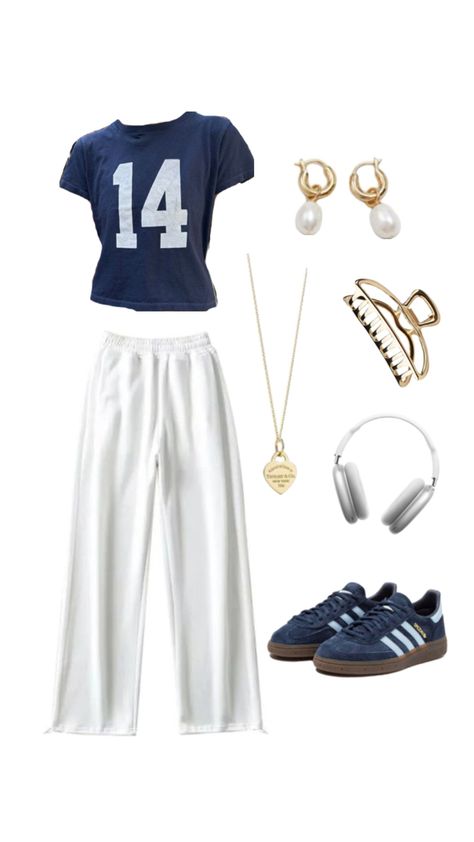 Outfit inspo, back to school, comfy, navy blue, sambas Comfy Sambas Outfit, Navy Samba Outfit, Blue Samba Outfit, Navy Blue Sambas Outfit, Blue School Outfits, Outfit Ideas With Sambas, Blue Sambas Outfit, Navy Aesthetic Outfit, Navy Blue Converse Outfit