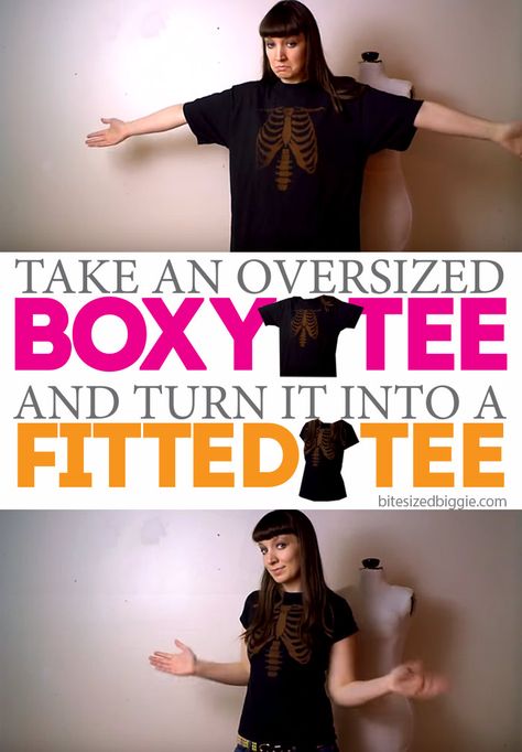 How to Remake a Boxy T-Shirt into a Fitted Tee: T-shirt Refashion Thick T Shirt, How To Take In Sleeves, How To Style Over Sized T Shirt, How To Tailor A Tshirt, How To Size Down A Shirt, How To Make A Tee Shirt Cute, How To Make An Oversized Shirt Fit Ideas, How To Tailor A Shirt, Tee Shirt Hacks