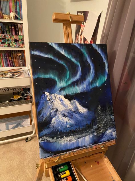 Bob Ross Inspired Paintings, Painting Bob Ross, Aurora Borealis Painting, Aurora Borealis Art, Northern Lights Art, Northern Lights Painting, Inspired Painting, Acrylic Painting Diy, Winter Landscape Painting