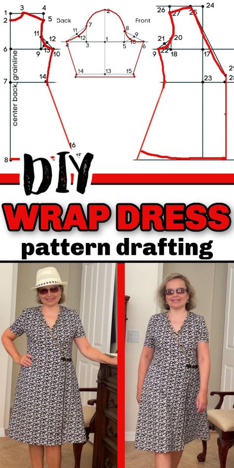 This DIY wrap dress tutorial will show you how to sew your own dress without buying a pattern. If you have been looking for an easy way to sew a wrap dress, this video is for you. With just one piece of fabric and some basic sewing skills, you can make yourself any kind of clothing in no time. I'll go through all the steps needed so it's simple enough even if you've never sewn before. In addition, we'll also talk about drafting a pattern for the wrap dress using your measurements which gives ult Wrap Dress Pattern Drafting, Diy Wrap Dress Pattern, Diy Wrap Dress, Wrap Dress Tutorial, Wrap Dress Sewing Patterns, Basic Dress Pattern, Simple Dress Pattern, Wrap Dress Pattern, Sewing Tutorials Clothes