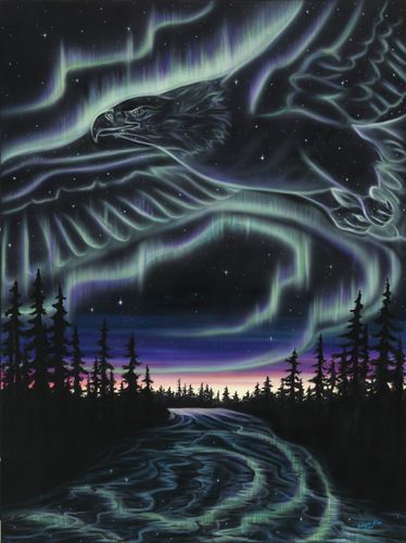 "Eagle Over the Snye" Acrylic on Canvas, 36" x 48" by artist Amy Keller-Rempp. See her portfolio by visiting www.ArtsyShark.com Native Americans, Canadian Aboriginal Art, Cultural Background, Eagle Painting, Canadian Art, Sky Art, Indigenous Art, Native Art, Aboriginal Art