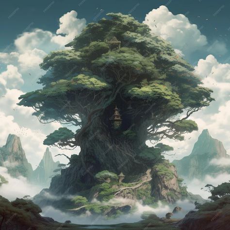 Premium Photo | The tree of life is a tree with a house on it. Ruins, Large Fantasy Tree, Tree House Fantasy Art, Nature Kingdom, Mythical Places, Massive Tree, Elder Tree, Elven City, Huge Tree