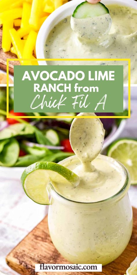 You're going to love this copycat Avocado Lime Ranch from Chick Fil A! This Chick Fil A copycat recipe tastes just like the original. This easy homemade salad dressing makes the perfect veggie dip, chip dip, or salad dressing! This tangy dressing can be used for almost anything. Click through to the blog for all the details! Guacamole Dressing Recipe, Spicy Avocado Ranch Dressing, Avocado Ranch Dipping Sauce, Chic Fil A Avocado Lime Ranch Dressing, Avacodo Ranch Recipes, Avocado Lime Ranch Dressing Chick Fil A, Chick Fil A Avocado Lime Ranch Dressing, Chick Fil A Avacodo Lime Ranch Dressing, Chick Fil A Avocado Lime Dressing