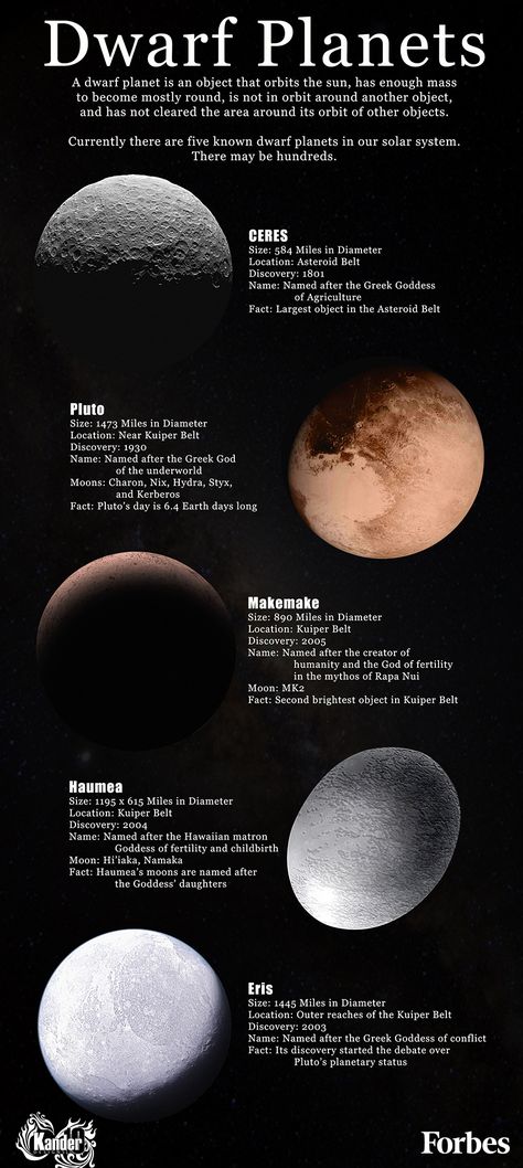 A dwarf planet is an object that orbits the sun, has enough mass to become mostly round, is not in orbit around another object, and has not cleared the area around its orbit of other objects. Currently there are five known dwarf planets in our solar system. There may be hundreds... Kuiper Belt, Astronomy Facts, Planets And Moons, Space Facts, Space Planets, Sistema Solar, Our Solar System, Space Science, Space And Astronomy