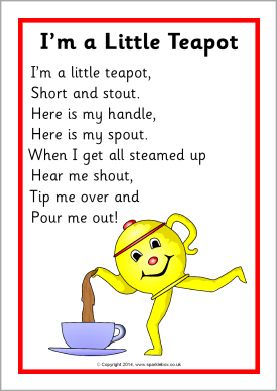 I’m a Little Teapot song sheet (SB10801) - SparkleBox                                                                                                                                                     More Rhyming Preschool, Nursery Rhymes Poems, Preschool Poems, Rhymes Lyrics, Nursery Rhymes Lyrics, Nursery Rhymes Preschool, Nursery Rhymes Activities, Circle Time Songs, Kindergarten Songs