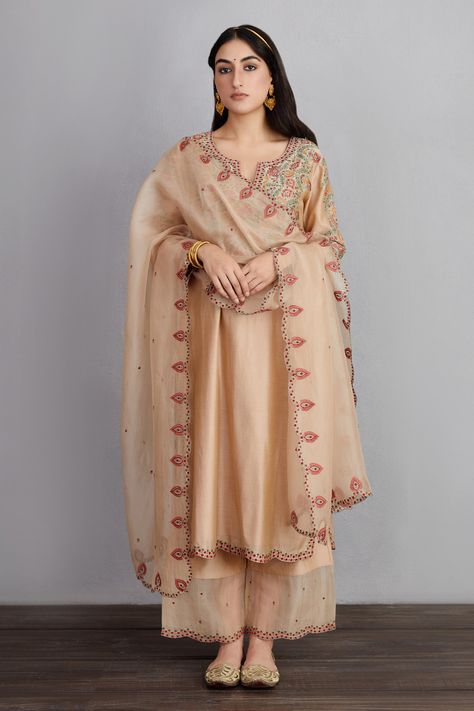 Cotton Party Wear Suits, Organza Kurta Designs Latest, Organza Kurta Designs, Silk Embroidery Suits, Pure Silk Suits, Organza Kurta Set, Organza Kurta, Beige Kurta, Beige Embroidery