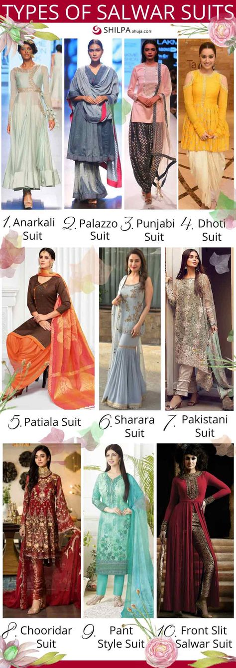 Types of Salwar Suits for Women: Which One Will Suit You? Different Types Of Suits For Women Indian, Latest Ladies Suit Designs Indian, Modern Salwar Designs, Design Of Suits For Ladies, Suit And Pants For Women Indian, Salwar Suit Latest Designs, Different Types Of Indian Outfits, Ladies Salwar Suit Design, Latest Indian Suits Designs For Women