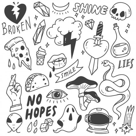 Set of cute graffiti doodle Premium Vect... | Premium Vector #Freepik #vector #food #heart #hand #line Food Flash Tattoo, Pizza Flash Tattoo, Retro Tattoo Sketches, Cool Hand Doodles, Little Doodles Aesthetic, Doodle Art Inspiration, Cute Little Drawings Doodles, Doodles On Hand, Doodles Graffiti