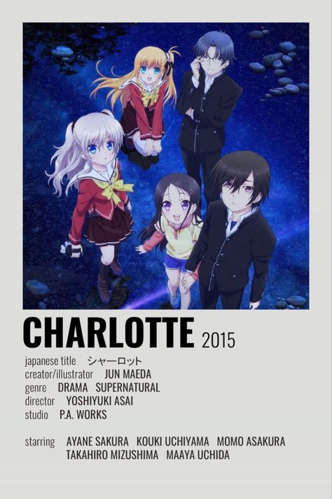 Charlotte Minimalist Poster! Minimalist Anime, Anime Minimalist Poster, Charlotte Anime, Anime Suggestions, Film Posters Minimalist, Poster Anime, Animes To Watch, Minimalist Posters, Anime Poster