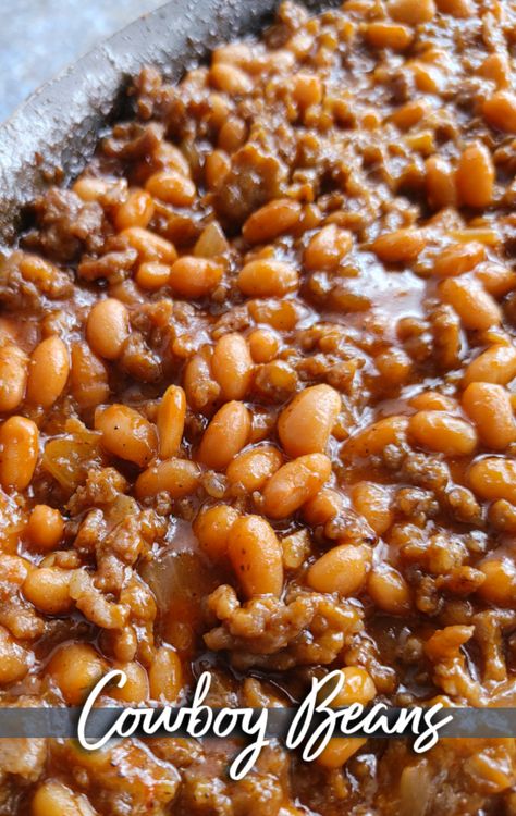 Cowboy Beans! A hearty recipe made with pork n' beans, ground beef, sausage, brown sugar and a simple sauce that's perfect for cookouts, barbeques and covered-dish affairs (finish in crock pot or on the stove). Instapot Cowboy Beans, Chili With Pork And Beans, Crockpot Baked Beans With Sausage, Bake Beans With Sausage, Cowboy Beans Pioneer Woman, Western Baked Beans, Cowboy Beans For A Crowd, Crock Pot Pork And Beans, Hamburger Pork And Beans Casserole