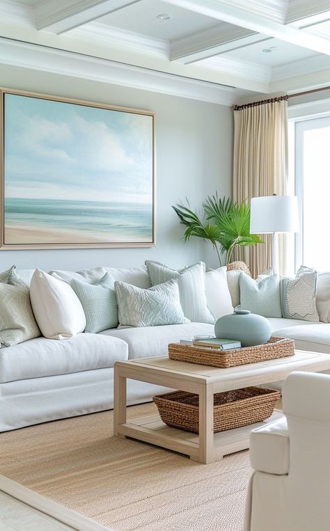 Freshly decorated coastal living room with serene beach-inspired color palette Coastal Tv Room Ideas, Lounge Room Furniture, Green And Blue Coastal Living Room, Living Room Interior Decor, Beach Aesthetic Living Room Decor, Beach Flat Decor, Interial Designing Room, Coastal Living Room Wall Colors, Living Room Coastal Grandmother