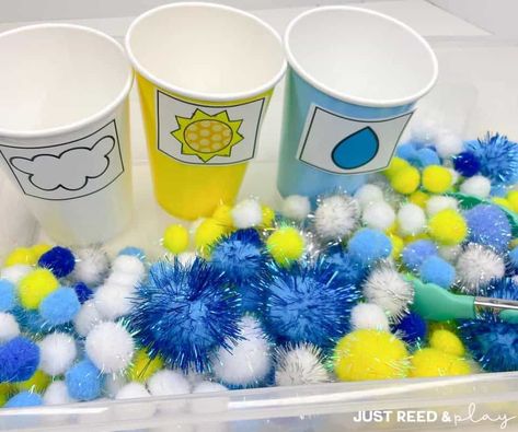 April Sensory Bin Preschool, Weather And Sky Activities, Sky And Weather Crafts For Toddlers, Weather Themed Art Preschool, Weather Sensory Bin Toddlers, Spring Classroom Activities Preschool, Weather Prek Crafts, Rain Gross Motor Activities, Weather Seasons Preschool