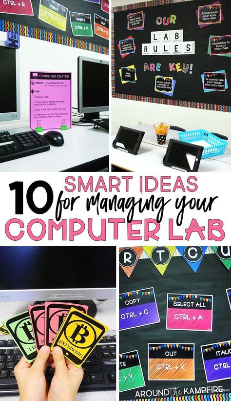 10 Must-try computer lab management tips for technology classrooms. Easy ideas for managing checkouts, logins, rules and procedures, behavior management, and classroom organization. Check out the fun behavior management ideas using bitcoin! Plus functional decor ideas to help you manage your computer lab like a boss! A good read for technology teachers and classroom teachers who use a computer lab. School Computer Lab, Computer Lab Classroom, Computer Center, Computer Teacher, School Computers, Smart School, Computer Class, Teacher Technology, Computer Lab