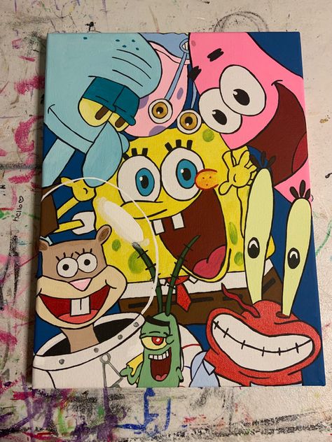 Easy Vintage Painting Ideas, Spongebob Doodle Art, Cartoon Style Painting, Character Collage Drawing, Spongebob All Characters, Acrylic Painting Cartoon Characters, Disney Paintings On Canvas, Spongebob Acrylic Painting, Spongebob Canvas