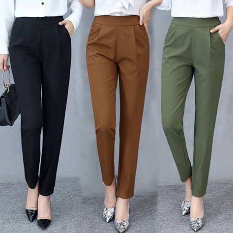 Women High-Waisted Cigarette Pants Office Work Casual Tapered Long Slim Trousers | eBay Office Trousers Women, Seluar Slack, Seluar Wanita, Baju Kahwin, Looks Kate Middleton, Celana Fashion, Harem Jeans, Elegante Casual, Pants Women Fashion