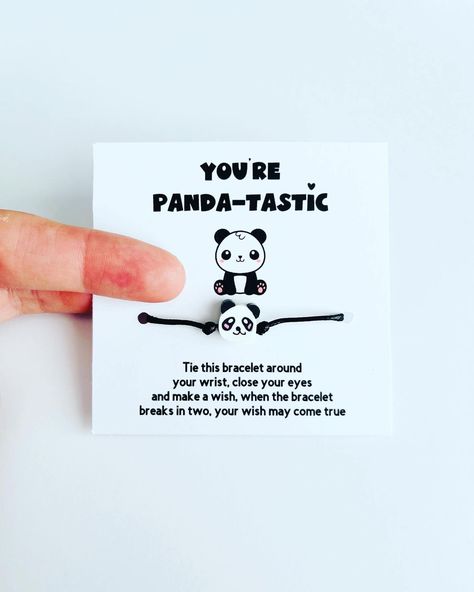 A string wish bracelet set on backing card. Panda Sayings, Panda Charm, Wish Come True, Wish Bracelets, Cute Panda, Girly Jewelry, Close Your Eyes, Make A Wish, Brighten Your Day