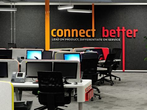 Merchants   iiNets Cape Town Call Centre Offices Art Feature Wall, Call Center Design, Wall World Map, Open Office Layout, Office Wall Graphics, Office Graphics, Call Centre, Floor Office, Faux Stone Panels