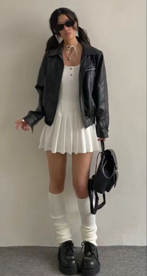 White Dress Outfit With Jacket, White Dress Leather Jacket Aesthetic, Tennis Skirt Y2k, Dress Leg Warmers Outfit, Short White Dress With Leather Jacket, Leg Warmer Loafers, Pleated Skirt Dress Outfit, Leg Warmers And Dress Outfit, White And Black Outfit Aesthetic