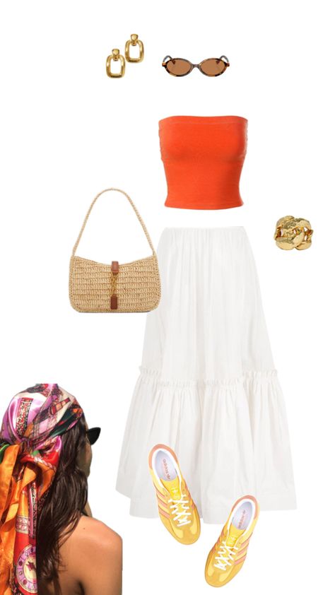 White skirt, orange tube top, sambas, scarf Casual Summer, Orange Tube Top, White Skirt, Casual Summer Outfit, White Skirts, Tube Top, Summer Outfit, Summer Casual, Cool Girl
