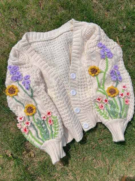 Hand Knitted Sweater Cardigan | VintageMist Embroidery Cardigan Diy, Knitted Flower Sweater, Crochet Sweater Flower, Embroidery On Cardigan, Knit Sweater Embroidery, Cottagecore Crochet Clothes, Whimsical Knitting, Flower Crochet Cardigan, Embroidery On Knitting
