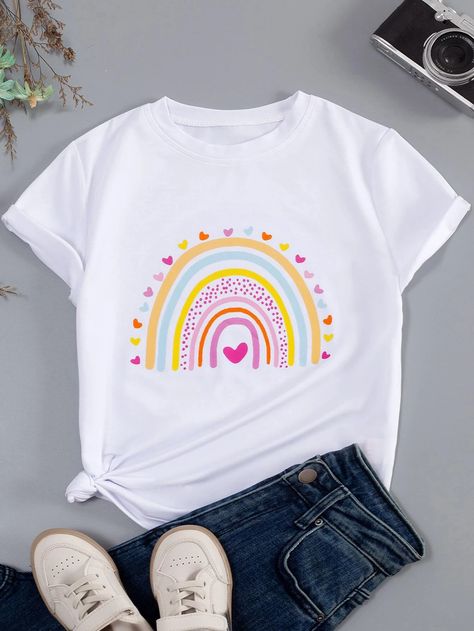 SHEIN Kids EVRYDAY Girls Heart & Rainbow Print Tee | SHEIN USA Shirt Design For Girls, Rainbow Graphic, Heart Rainbow, Shein Kids, Trendy Shirt Designs, Girls Heart, Girls T Shirts, Trendy Graphic Tees, Shirt Print Design