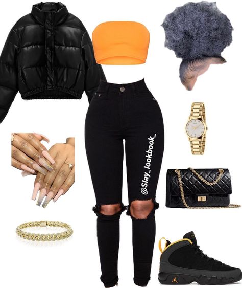 Crop Top And Jeans Outfit, Black And Orange Outfit, Jordan Outfits For Girls, Populaire Outfits, Orange Fits, Teen Swag Outfits, Jordan 9, Bandeau Crop Top, Gold Outfit